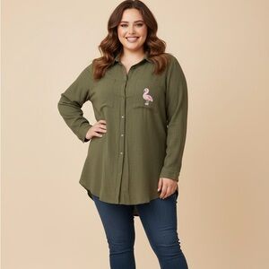 Divided Olive Green Button-Down Shirt with Flamingo Detail